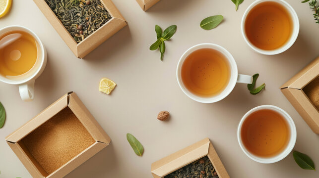 Calming cups of tea surrounded by open boxes with loose tea leaves scattered, showcasing tranquility and blank labels