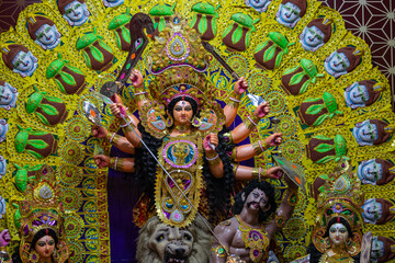 Subho mahalaya, An idol of Goddess Durga decorated in Pandal. Durga Puja is biggest religious...