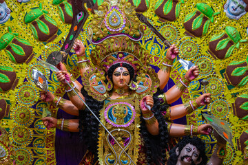 Subho mahalaya, An idol of Goddess Durga decorated in Pandal. Durga Puja is biggest religious festival of Hinduism and for bengalis and is now celebrated worldwide. - obrazy, fototapety, plakaty