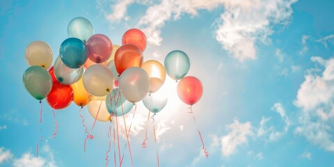 A bunch of vibrant balloons floating gracefully in the air against a clear blue sky
