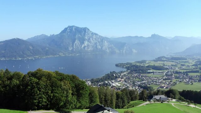 Drone shot of austrian mountain Traunstein in Gmunden. Beautiful panorama. Aerial Footage. 4k UHD