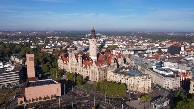 Leipzig Germany City Hall, Tower and Cityscape on Sunny Summer Day, Drone Aerial View