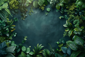 Lush foliage of various green plants surrounding a dark textured background. Botanical frame design for eco-friendly products, green living promotion, or plant-themed wallpaper, generative ai