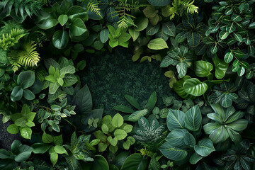 Diverse tropical green leaves forming a dense jungle pattern. Vibrant plant wall concept for eco design, nature inspired wallpaper, or biophilic interior decorations, generative ai - obrazy, fototapety, plakaty
