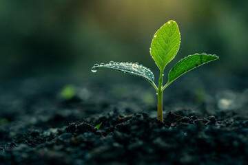 Young plant sprouting from soil with dew on leaves. New life and growth concept. Ideal for environmental conservation theme, sustainable agriculture poster, or gardening banner, generative ai - obrazy, fototapety, plakaty