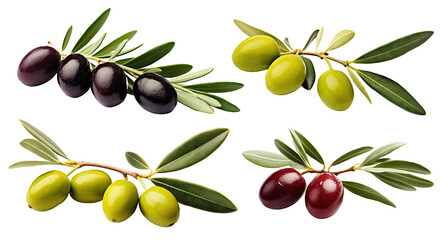 Set of olive branches with ripe and delicious olives, cut out - obrazy, fototapety, plakaty