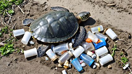 Plastic Garbage in the nature, serious environmental pollution, AI generated