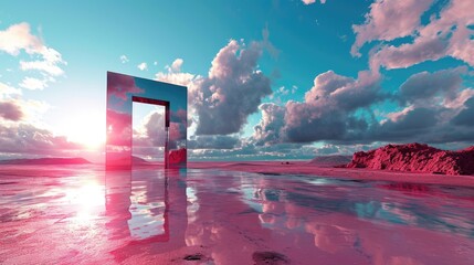 A metallic pink square portal in the middle of the clear river that connected to the ocean that surrounded with a pile of the pink sand and pink desert under the cloudy sky in the sunny day. AIGX03.