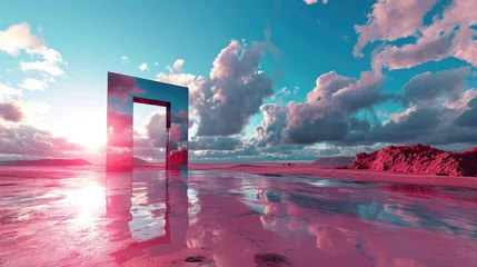 Gordijnen A metallic pink square portal in the middle of the clear river that connected to the ocean that surrounded with a pile of the pink sand and pink desert under the cloudy sky in the sunny day. AIGX03. © Summit Art Creations