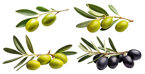 Obraz premium Set of olive branches with ripe and delicious olives, cut out