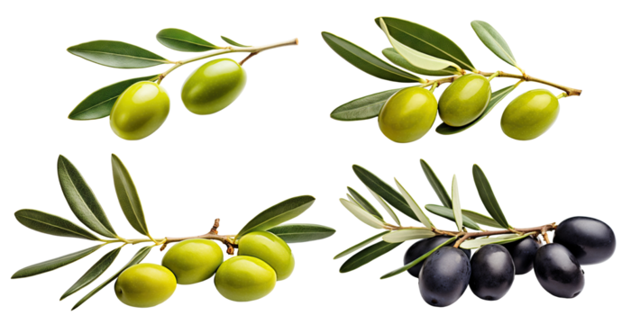 Set of olive branches with ripe and delicious olives, cut out
