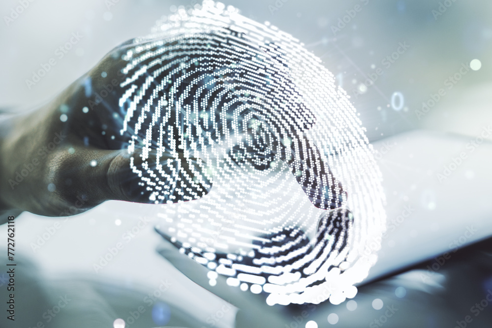 Poster abstract creative fingerprint concept with finger clicks on a digital tablet on background. multiexp