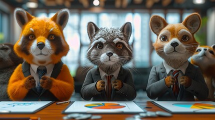 A 3D cartoon of animals in business attire discussing investments around a boardroom table with a pie chart - obrazy, fototapety, plakaty