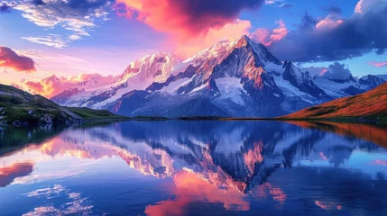 Photo sur Aluminium Réflexion A majestic mountain landscape at sunset, snow-capped peaks, a crystal-clear lake reflecting the vibrant sky, serene nature. Resplendent.