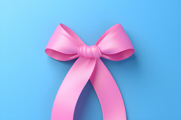  Close-up of pink satin ribbon bow on blue background, generated by AI.