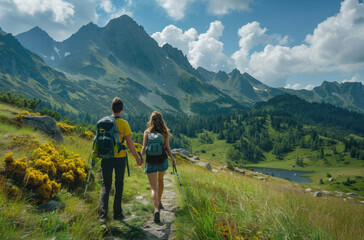 Fototapeta na wymiar Tatra Mountains summer hiking with friends, two women in colorful and backpacks walking along the path among green grass on a high mountain background