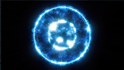 Blue energy magic sphere round hi-tech light digital ball space planet star made of futuristic light rays lines and energy particles. Abstract background