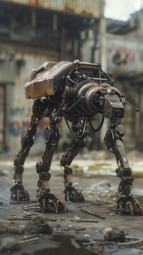 Post-apocalypse, robot dog. Sci-fi scene. Advanced futuristic technology