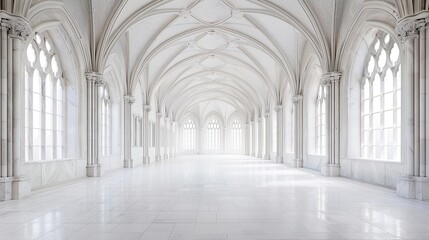 All white hall with many gothic arches marble. copy space for text.
