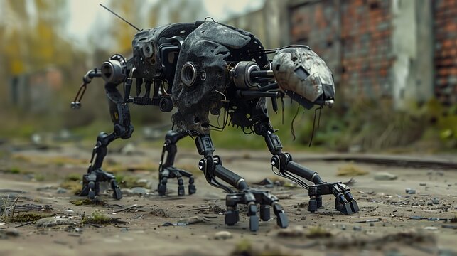 Post-apocalypse, robot dog. Sci-fi scene. Advanced futuristic technology