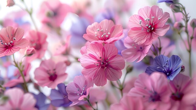   A close-up photo of pink and purple flowers against a soft blue backdrop