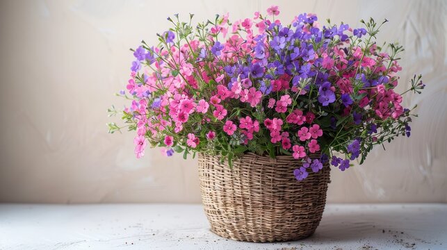   A white tablecloth adorned with purple and pink flowers sits under a wall in the background