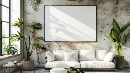 Living room wall poster mockup. Interior mockup with house background. Modern interior design. 3D render. copy space for text.