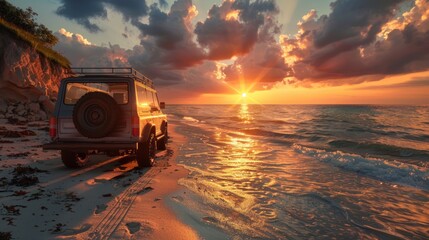 Car on the beach at sunset. - obrazy, fototapety, plakaty