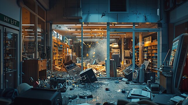 Burglary at retail store with looters breaking in and causing destruction. Concept Suspicious Activity, Theft, Vandalism, Retail Security, Crime Prevention. copy space for text.