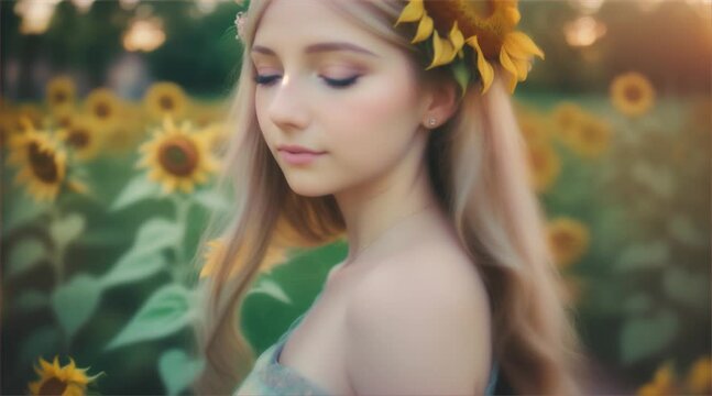 Serene Woman With Sunflower Crown in Blooming Field at Sunset