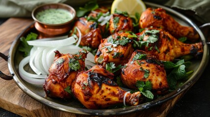 A flavorful platter of tandoori chicken, showcasing marinated chicken pieces roasted in a clay oven until tender and charred, served with mint chutney, sliced onions, and lemon wedges.