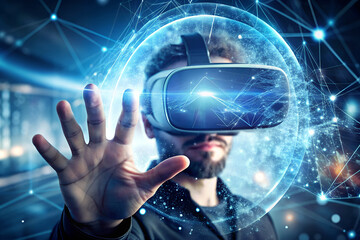 A close-up of a person's hand interacting with a virtual reality headset, immersed in a digital world of immersive experiences