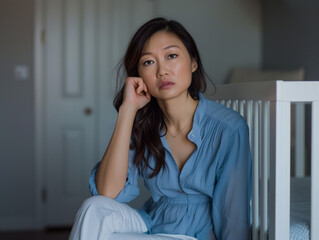 Maternal Mental Health, Asian new mom suffering from postpartum depression with a sad, anxious, and tired expression. A stressed asian mother sitting in front of a baby crib with a white background. - obrazy, fototapety, plakaty