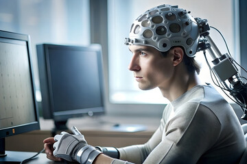 A person using a brain-computer interface (BCI) device to control a computer or prosthetic limb with their thoughts - obrazy, fototapety, plakaty