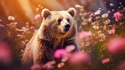 Cute, beautiful bear in a field with flowers in nature, in sunny pink rays. Environmental...
