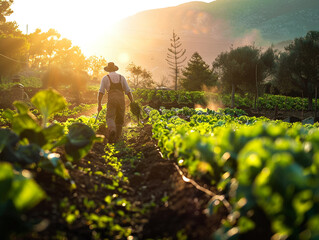 Fototapeta premium A farmer tending to a vegetable garden early in the morning, with the sunrise casting long shadows