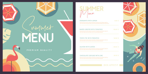 Retro summer restaurant menu design with cocktail, flamingo and beach top view. Vector illustration - 772765104