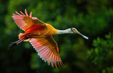 Fototapeta premium A roseate spoonbill bird with outstretched wings, midflight over the marshlands of coastal Florida