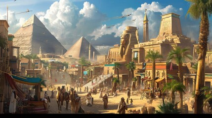 An ancient Egyptian city at the peak of its glory, with pyramids, Sphinx, and bustling markets. Resplendent.