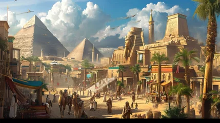 Tuinposter Oud gebouw An ancient Egyptian city at the peak of its glory, with pyramids, Sphinx, and bustling markets. Resplendent.