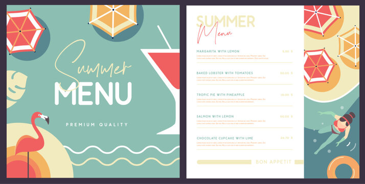 Retro summer restaurant menu design with cocktail, flamingo and beach top view. Vector illustration