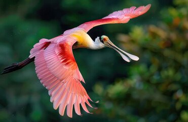 Obraz premium A roseate spoonbill bird with outstretched wings, midflight over the marshlands of coastal Florida
