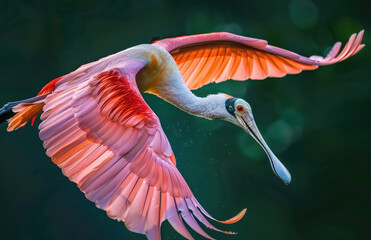 Obraz premium A roseate spoonbill bird with outstretched wings, midflight over the marshlands of coastal Florida