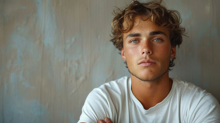 Portrait of a serious young man in a white T-shirt on a gray background