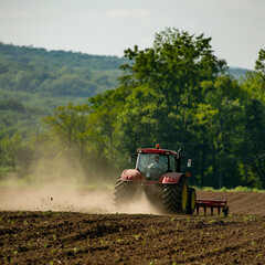 Fototapeta premium An individual driving a tractor through a field, kicking up dust and preparing the land for planting