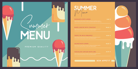 Retro summer restaurant menu design with ice cream. Vector illustration
