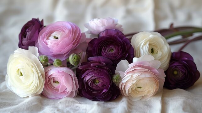   A macro image of a bouquet of vibrant purple, pink, and white blooms against a pristine white background