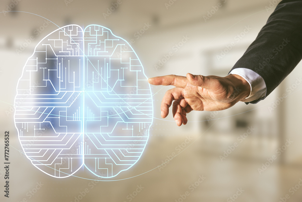 Poster Double exposure of man hand presses on creative artificial Intelligence interface on blurred office background. Neural networks and machine learning concept