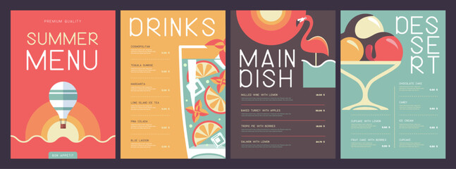 Retro summer restaurant menu design with cocktail, flamingo, ice cream and hot air balloon. Vector illustration - 772765559