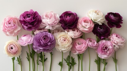   A row of pink and purple flowers on a white background, with green stems in the center - obrazy, fototapety, plakaty